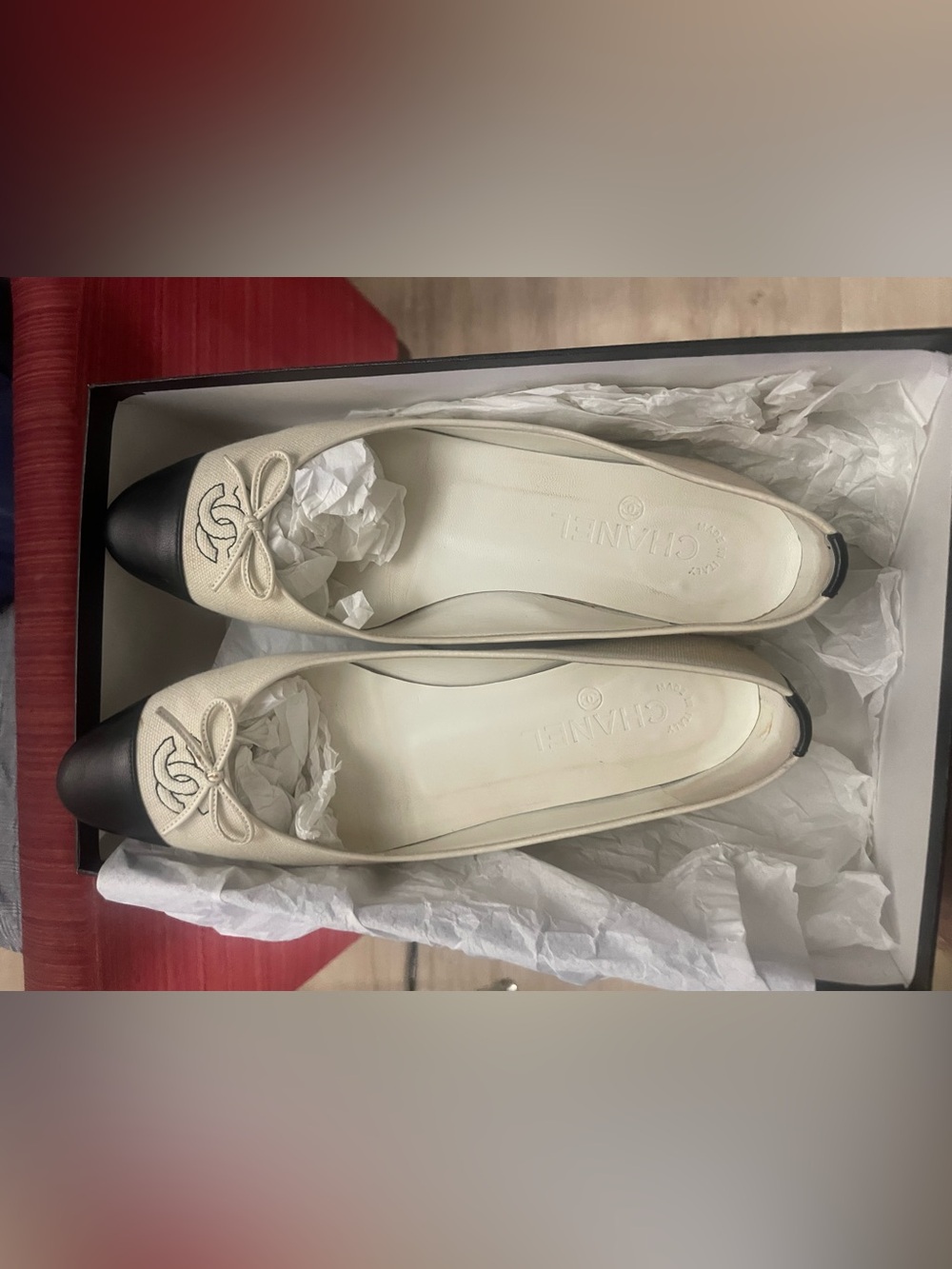 CHANEL Cream Ballerina Flats/Black Cap Toe style G25206Y02156 Karl Lagerfeld